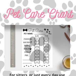 May include: A black and white printable pet care chart with a paw print design. The chart includes sections for food, water, play, walk, poo, and pee. It has spaces for marking AM and PM times. The text "Pet Care" is at the top of the chart. The text "For sitters or just every day use" is at the bottom of the chart.