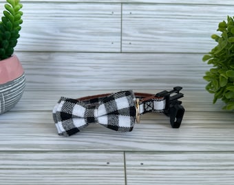 White Black Fabric Leather Dog Collar, HAND MADE, Breakaway Collar bow tie bow tie cute wedding collar designer luxury quick release