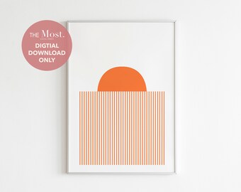 May include: A digital download print featuring a minimalist geometric design with a half-circle in orange on top of a white background with orange vertical lines.