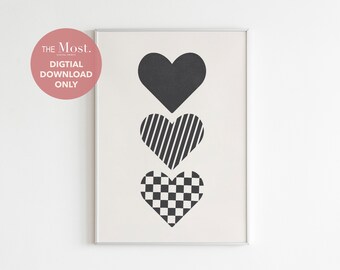 Triple Heart Checkered Stripe Wall Art, Heart Checkered Stripe Digital Prints, Minimalist Heart Checkered Stripe Living Room Poster