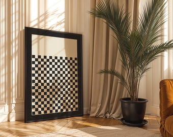 Minimalistyczna czarno-beżowa kratka ścienna, minimalistyczne kratkowane wydruki cyfrowe, minimalistyczna kratkowa dekoracja ścienna do salonu
