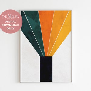 May include: Abstract geometric art print with a black rectangle in the center and radiating lines of green, orange, and yellow.