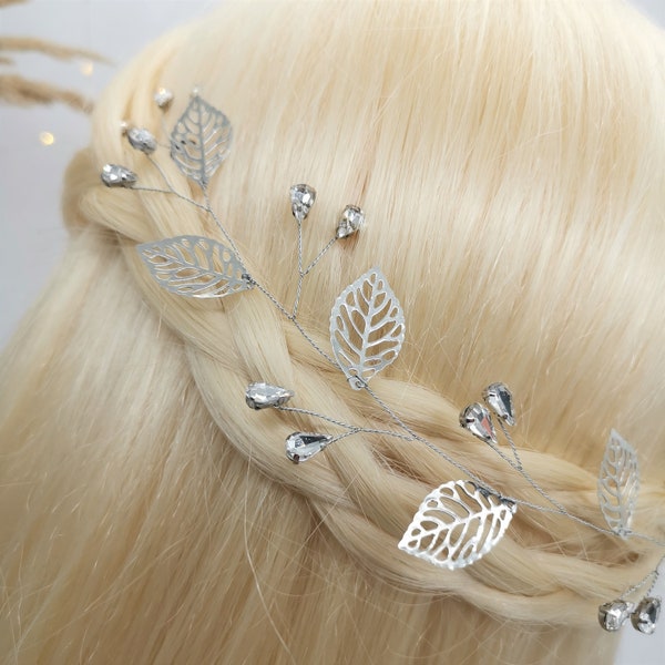 Silberne Haarranke mit Blättern und Strassen, Haarranke Brautjungfer, Haardraht Braut, Haarranke Braut Silber
