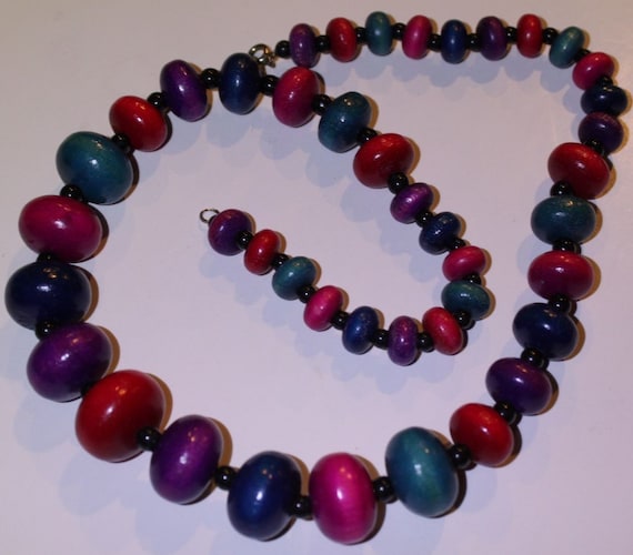 Vintage Wooden Bead Multicolor Necklace with Smal… - image 2