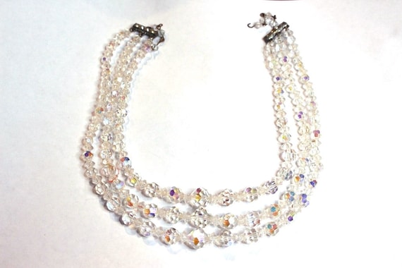 Vintage 3 Strand Aurora Borealis Crystal Bead Nec… - image 1