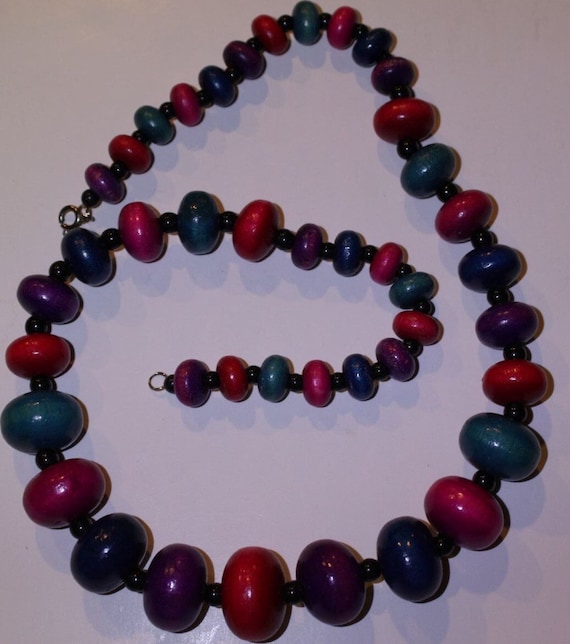 Vintage Wooden Bead Multicolor Necklace with Smal… - image 1