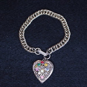 Vintage Rare Victorian &quot;Gold&quot; Heart-Shaped Locket Bracelet with Multicolored Rhinestones