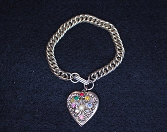 Vintage Rare Victorian "Gold" Heart-Shaped Locket Bracelet with Multicolored Rhinestones