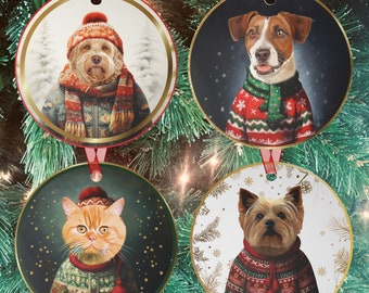 Custom Christmas Pet Portrait Metal Ornament, Portrait Using Pet's Photo, Cute Christmas Sweater Dog Cat Pet Ornament, Pet Memorial Ornament