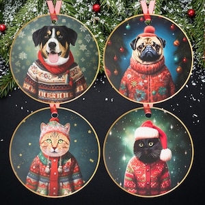 Personalized Christmas Pet Portrait Ornament Using Pet's Photo, Cute Custom Christmas Sweater Dog Cat Pet Ornament, Pet Memorial Ornament