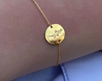 14k Solid Gold Birth Flower Bracelet - Personalized Bracelet for Woman - Birth Flower Jewelry - Dainty Floral Bracelet - Gifts For Her