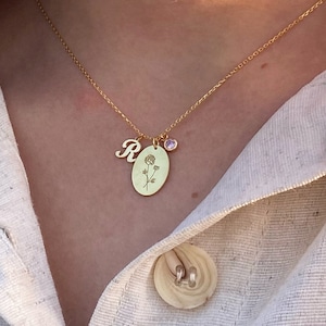 Birth Flower Necklace - Personalized Initial Necklace - Gold Birth Stone Necklace - Birth Month Jewelry - Birthday Gift - Gifts for Her