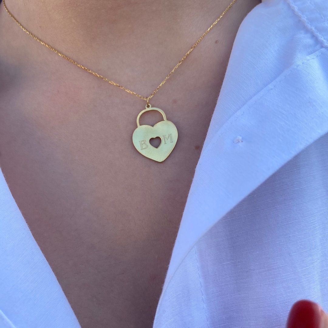 14k Solid Gold Lock Necklace Padlock Necklace With Heart Etsy