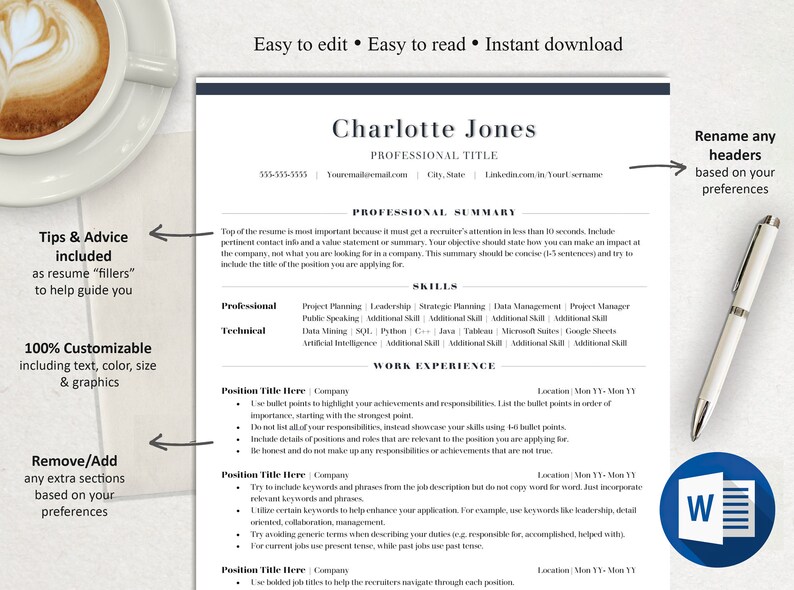 ATS Friendly Word CV Template, ATS Resume Professional Minimalistic