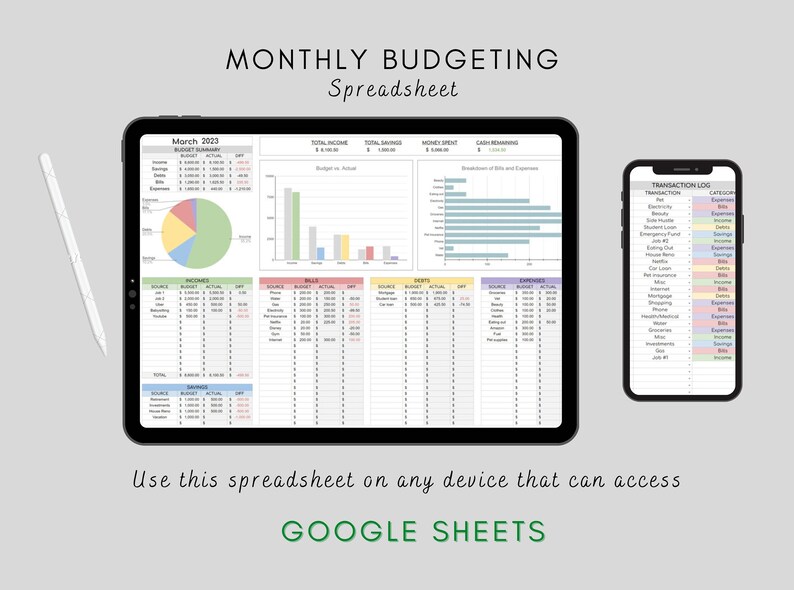 Monthly Budget Spreadsheet Budget Planner Google Sheets Etsy