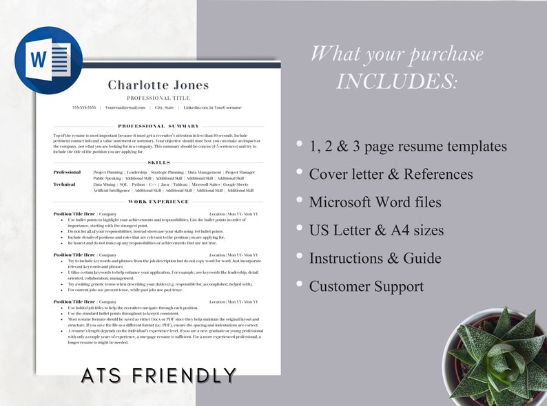 ATS Friendly Word CV Template ATS Resume Professional - Etsy