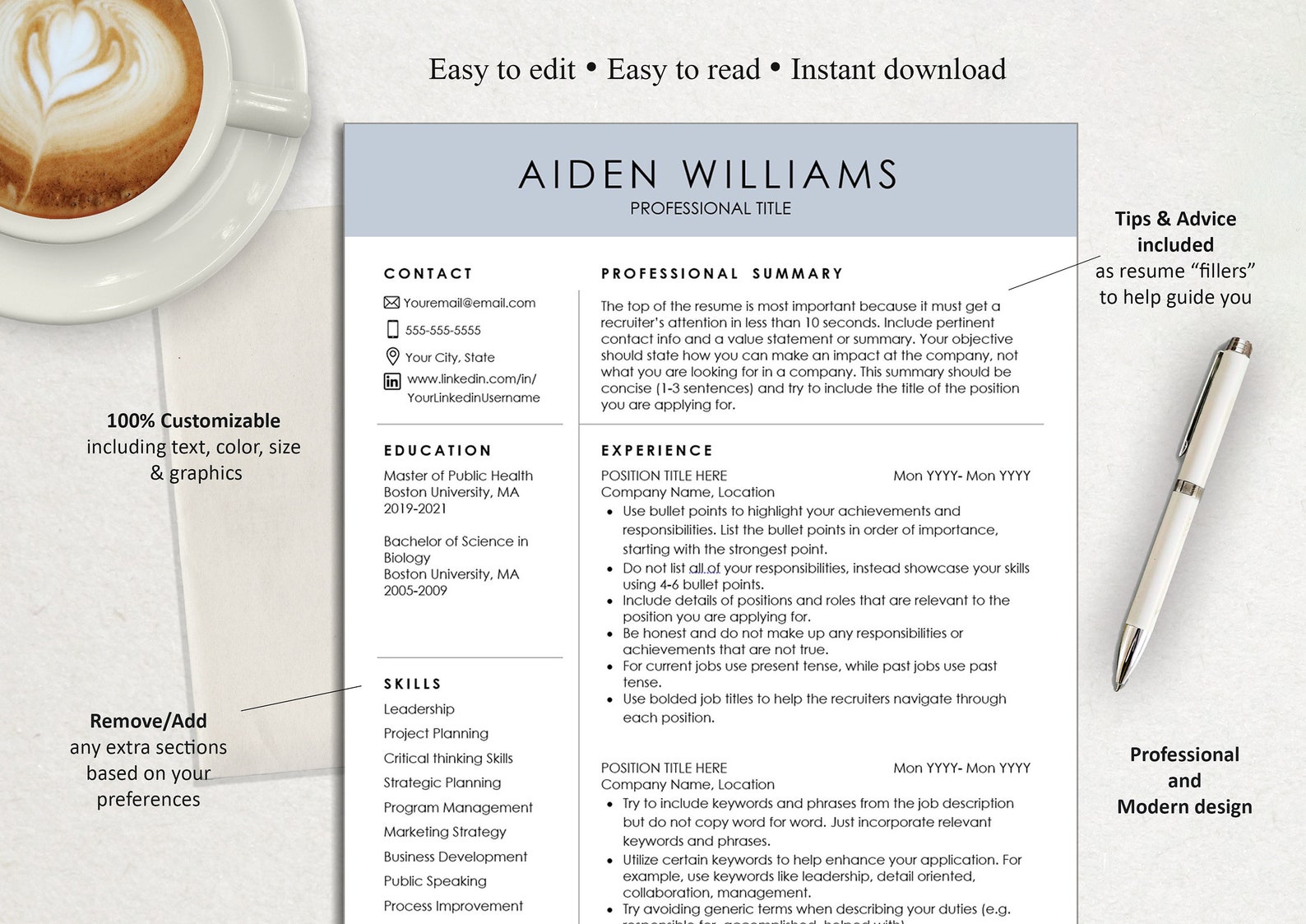 Resume Template for Google Docs & Word, Professional, Modern Resume