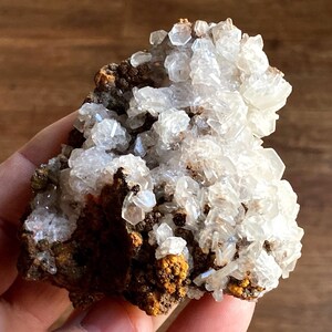 Puede incluir: Un grupo de cristales de calcita blancos sobre una matriz marrón. Los cristales son translúcidos y tienen un brillo vítreo.