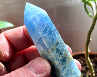 Natural Blue Calcite Tower 3&quot; x 1&quot; Hand Shaped and Polished. Ethically & Fair Trade Sourced from Madagascar. Crystal Healing.