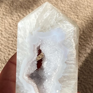 White Agate Druzy Point Tower: Natural Crystal Decor