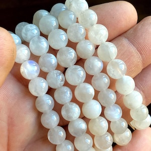 High Quality Moonstone 8mm Stretch Bracelet with Incredible Blue Flash. Ethically and Faire Trade Sourced from Brazil. Gemstone Jewelry.