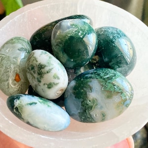 May include: A collection of polished moss agate stones in a white, shallow bowl. The stones are oval-shaped, with a mix of translucent white and green patterns. The bowl is smooth and round, with a soft, pinkish hue.