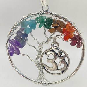 Silver Tree of Life Chakra Gemstone Chip Pendant with Om. Ethical, and Faire Trade Sourced Gemstone Jewelry Crystal Healing. Free Chain.