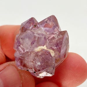 Può includere: Un gruppo di cristalli di ametista di un profondo colore viola. I cristalli sono sfaccettati e hanno una texture naturale e ruvida.