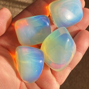 May include: Four iridescent opal tumbled stones in a hand. The stones are various shades of blue, green, and yellow with a rainbow sheen.