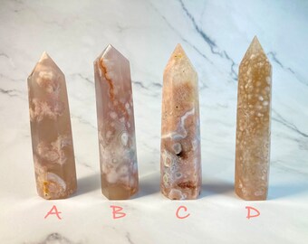 Sakura Flower Agate Tower 4&quot; Cherry Blossom from Madagascar Ethically and Faire Trade Sourced. Crystal Healing.