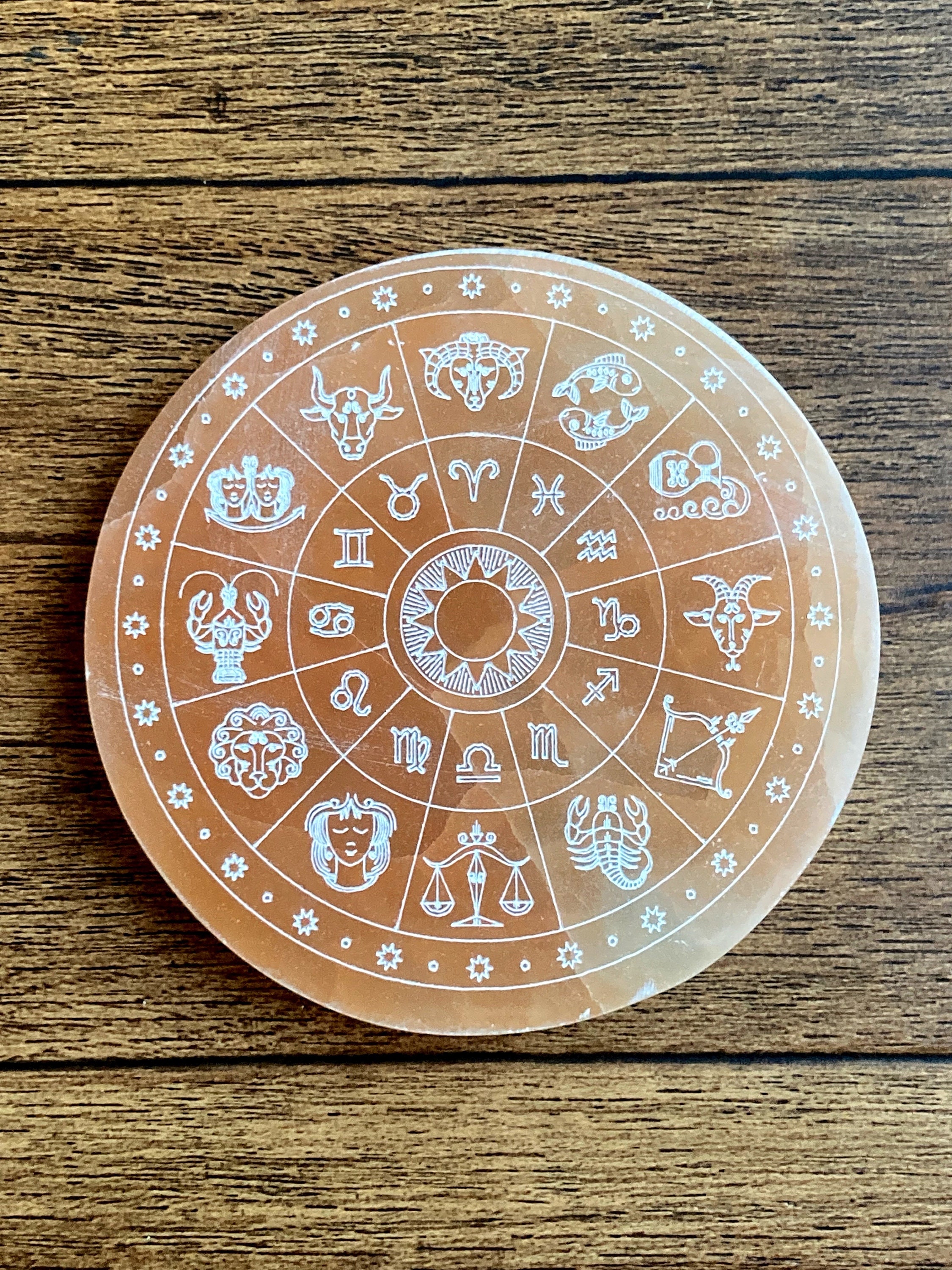 Zodiac Etched Selenite Charging Plate: Crystal Healing, Fair Trade