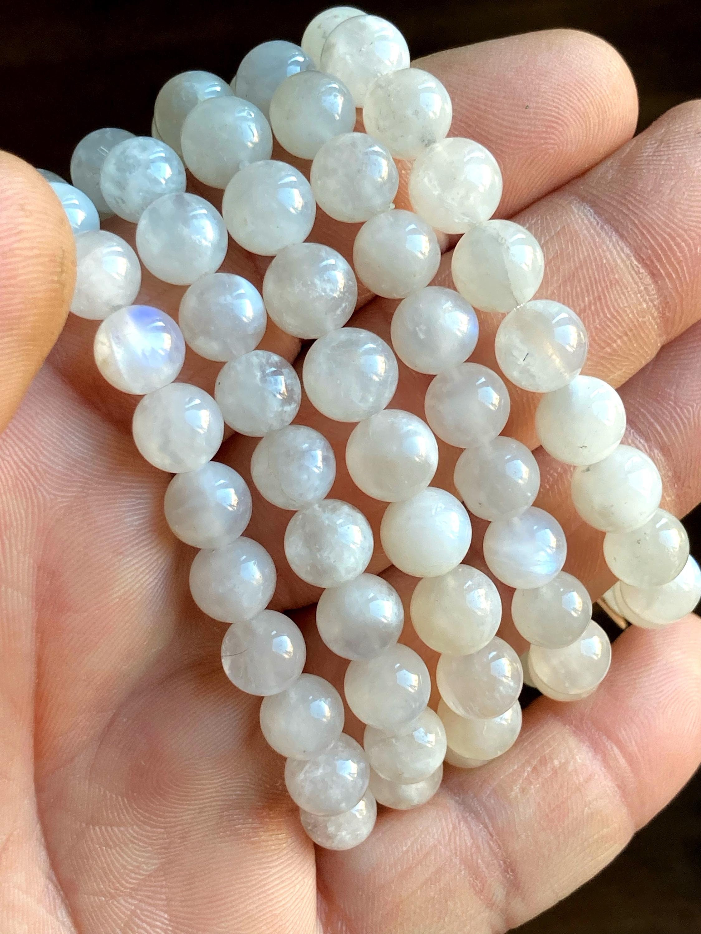 High Quality Moonstone 8mm Stretch Bracelet with Incredible Blue Flash. Ethically and Faire Trade Sourced from Brazil. Gemstone Jewelry.