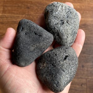 May include: Three smooth, dark gray stones with a rough, textured surface. The stones are various sizes and shapes.