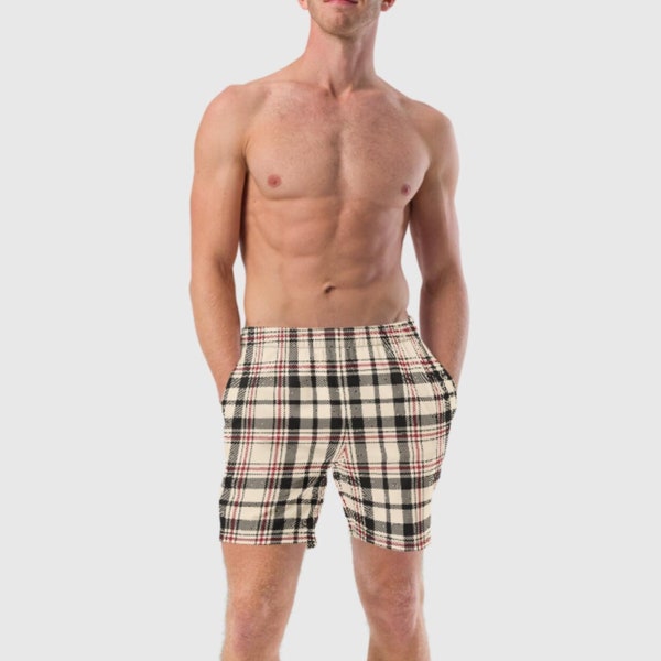 Beige Plaid Swim Trunks for Men • Board Shorts • Mens Bathing Suit • Surf Shorts • Mens Swim Shorts • Beachwear • Mens Swimsuit • Swimwear