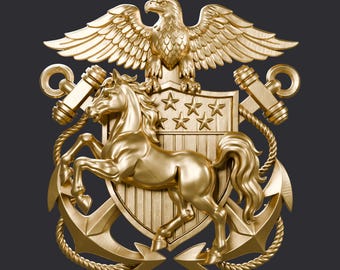 USN Mustang Crest STL for CNC and 3D Printing | Prior Enlisted Navy Officer Emblem Relief File | Commissioning Gift
