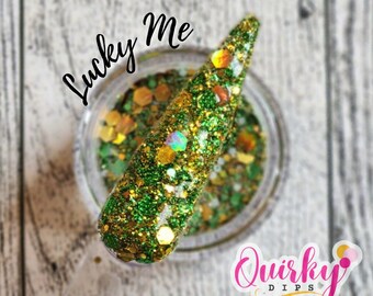 Lucky Me - Polvere per immersione glitterata verde e oro, glitter per il giorno di San Patrizio, polvere acrilica per immersione, polvere per immersione per unghie, polvere per immersione per unghie fai da te, immersione per unghie