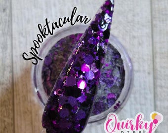 Polvo espeluznante: polvo para Halloween morado y negro, polvo para dip, polvo para dip con brillantina, dips extravagantes, polvo para dip acrílico, dips extravagantes