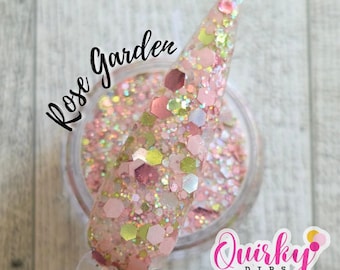 Rose Garden Dip Powder - Pink and Green Chunky Glitter Dip Powder, Acrylic Dip Powder, Nail Dip Powder, Spring Dip Powder, Quirky Dips