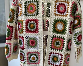 Crochet Granny Square Cardigan, Crochet Cardigan, Handmade Patchwork Cardigan, Crochet Mini Patchwork Sweater, White Crochet Cardigan