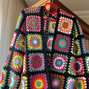 Crochet Granny Square Cardigan, Crochet Cardigan, Handmade Patchwork Cardigan, Crochet Mini Patchwork Sweater,Black Crochet Cardigan