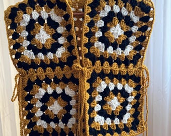 Crochet Granny Square Vest, Crochet Vest, Handmade Patchwork Vest, Crochet Mini Patchwork Sweater,Black Crochet Vest , Pinterest Vest