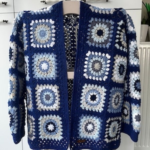 Crochet Granny Square Cardigan, Crochet Cardigan, Handmade Patchwork Cardigan, Crochet Mini Patchwork Sweater, Blue Crochet Cardigan