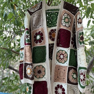 Crochet Granny Square Cardigan, Crochet Cardigan, Handmade Patchwork Cardigan, Crochet Long Patchwork Sweater,Begie Crochet Cardigan