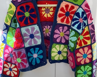 Cárdigan de la plaza de la abuela, Cárdigan de ganchillo, Ganchillo afgano, Abrigo de la plaza de la abuela, Suéter de la plaza de la abuela, Cárdigan colorido, Chaqueta patchwork