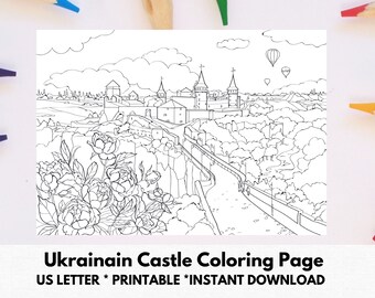 Ukrainian Castle, Coloring Page, Instant Download