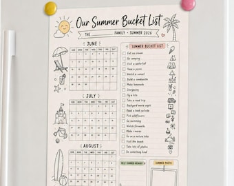 Sommarkalender för bucket list 2026, redigerbart efternamn, utskrivbar målarbok, aktivitetslista för barnfamiljer