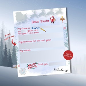 Plantilla de carta a Papá Noel, carta a Papá Noel para imprimir, plantilla IMPRIMIBLE de Papá Noel, carta de Navidad, lista de deseos para niños, lista de deseos de Navidad