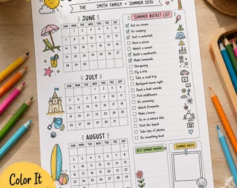Summer Bucket List Calendar 2026, Editable Family Name, Printable Coloring Poster, Kids Activity List for Families