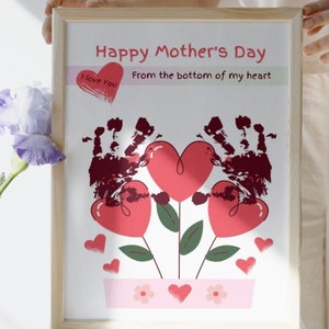 Arte de buquê de impressão manual, primeiro presente de dia das mães, arte de buquê de coração, kit de impressão manual de bebê, presente sincero para mãe ou avó, lembrança