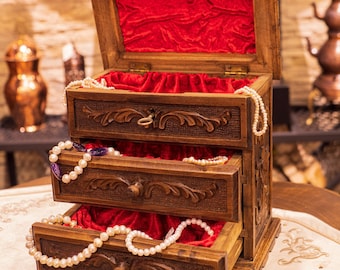 Organizador de joyas de madera hecho a mano, caja de madera para joyas, caja de madera con 3 cajones, caja de madera para joyas, regalo para mamá, regalo para abuela